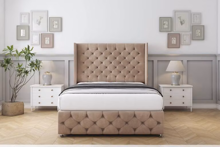 Sloomy Luthor Naples Double Divan Set with Wingback Headboard and Footboard in Light Brown, W/D/H: 140 x 200 cm
