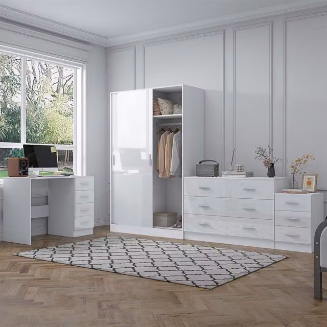REFLECT Bedroom Furniture Bundle in White Gloss and Matt White including Sliding Wardrobe, Wide Chest, Bedside Table and Desk