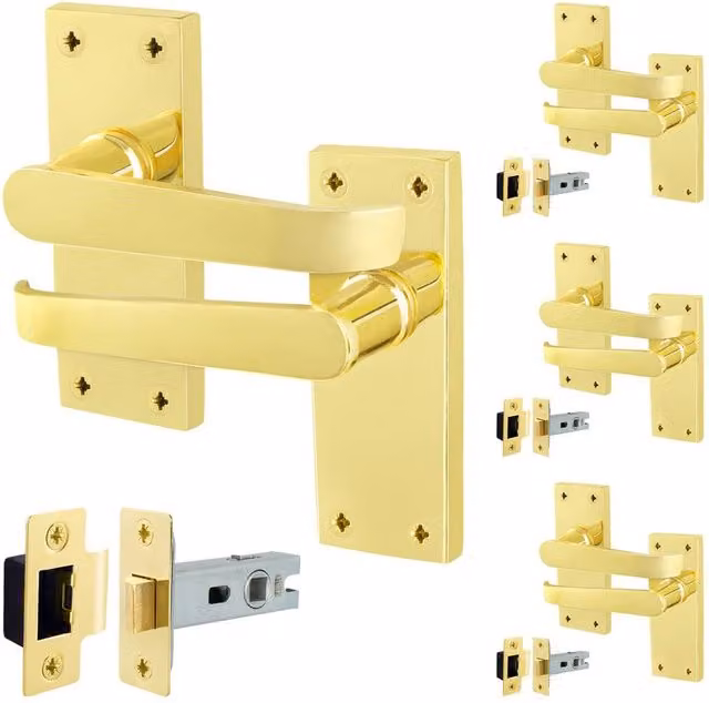 AFIT Polished Brass Door Handles with Latch, 4 Pairs in Gold, W/D/H: 15 x 15 x 15 cm