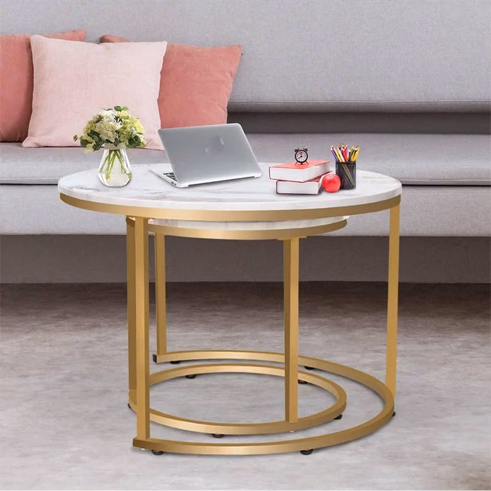 FORGEVIO Set of 2 Round Nesting Coffee Tables with Marble Tops and Sled Base in Gold and White – 3