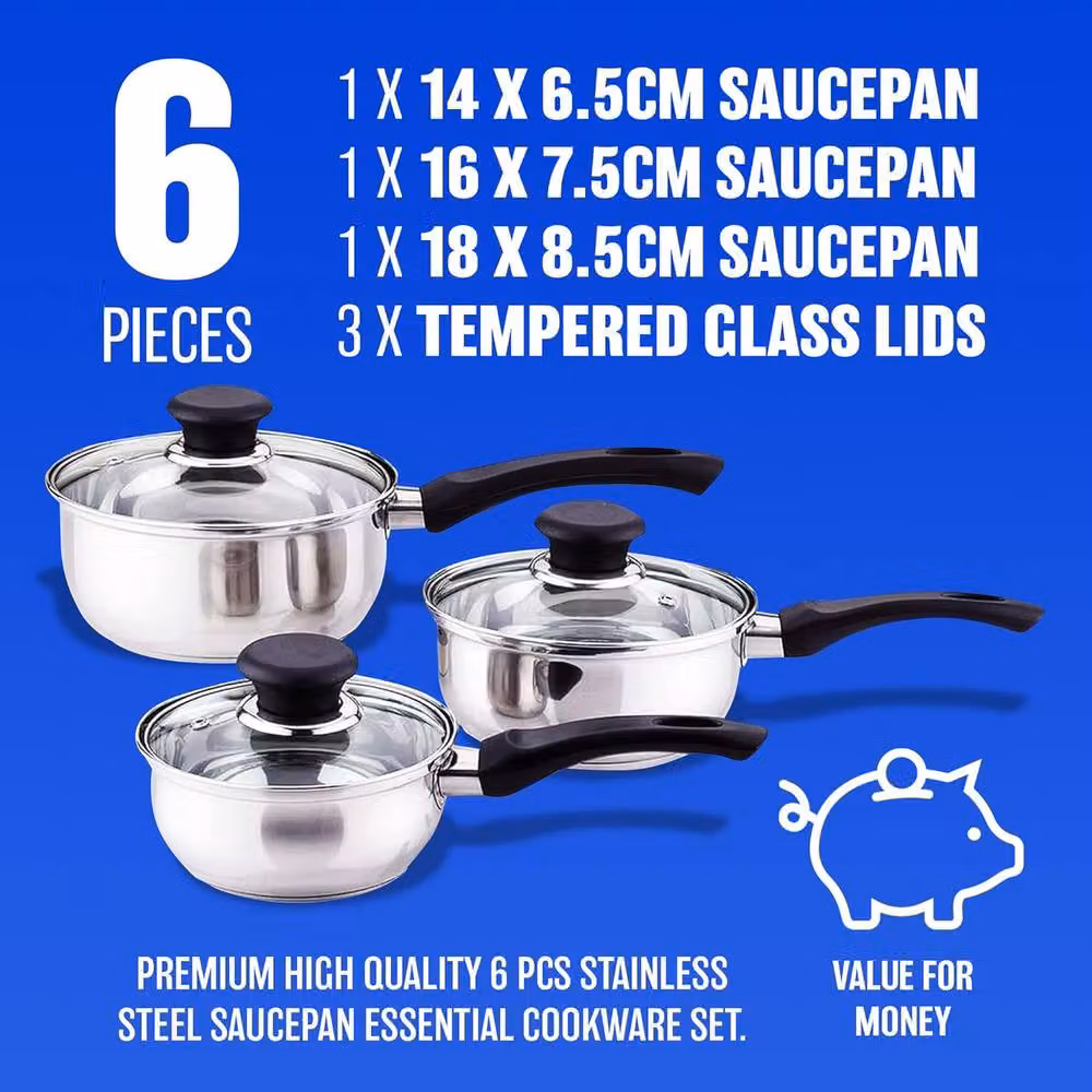 BARGAINS-GALORE Prima 3-Piece Stainless Steel Cookware Set with Saucepan, Pots and Lids in Metallic Silver – 5