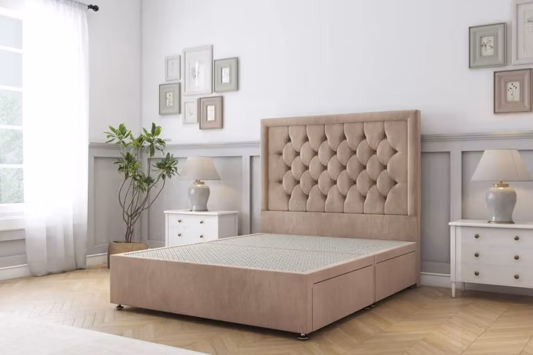 Comfort Beds Rio Naples Divan Base with 4 Drawers and Chesterfield Headboard in Brown Velvet Fabric, W/D/H: 120 x 200 cm