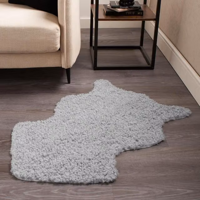 OHS Modern Shaggy Wool and Faux Fur Rug Runner in Silver, White and Grey, W/D/H: 60 x 60 x 60 cm