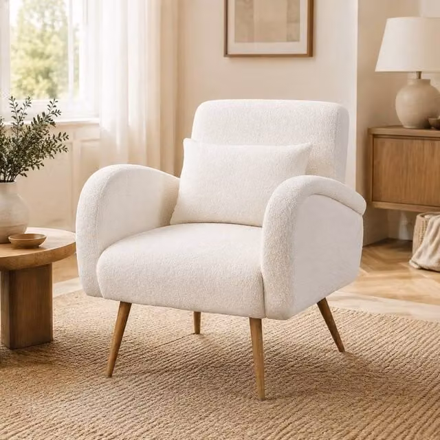 STILVORA Modern Tub Accent Chair with Armrests in Beige Bouclé Fabric and Metal Legs – 1