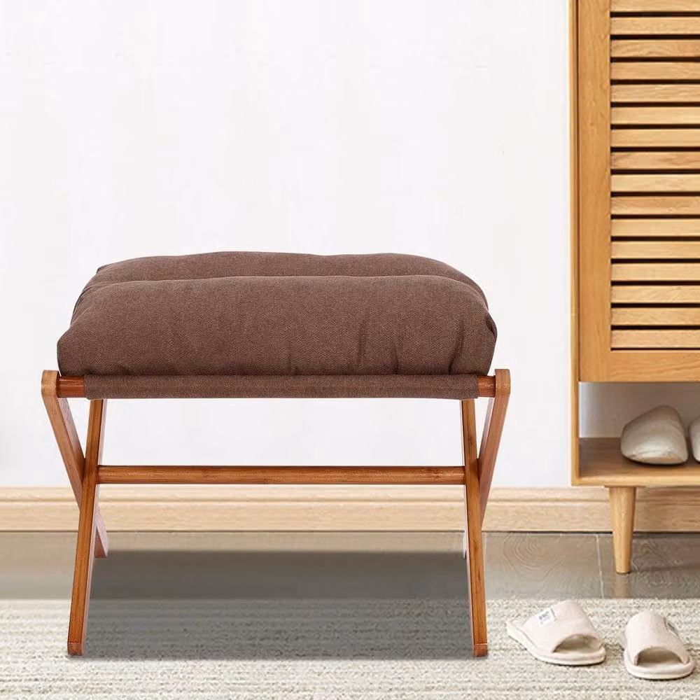 VOGREX Bamboo and Cotton Upholstered Foot Stool Ottoman in Brown, W/D/H: 35 x 36 x 36 cm – 2