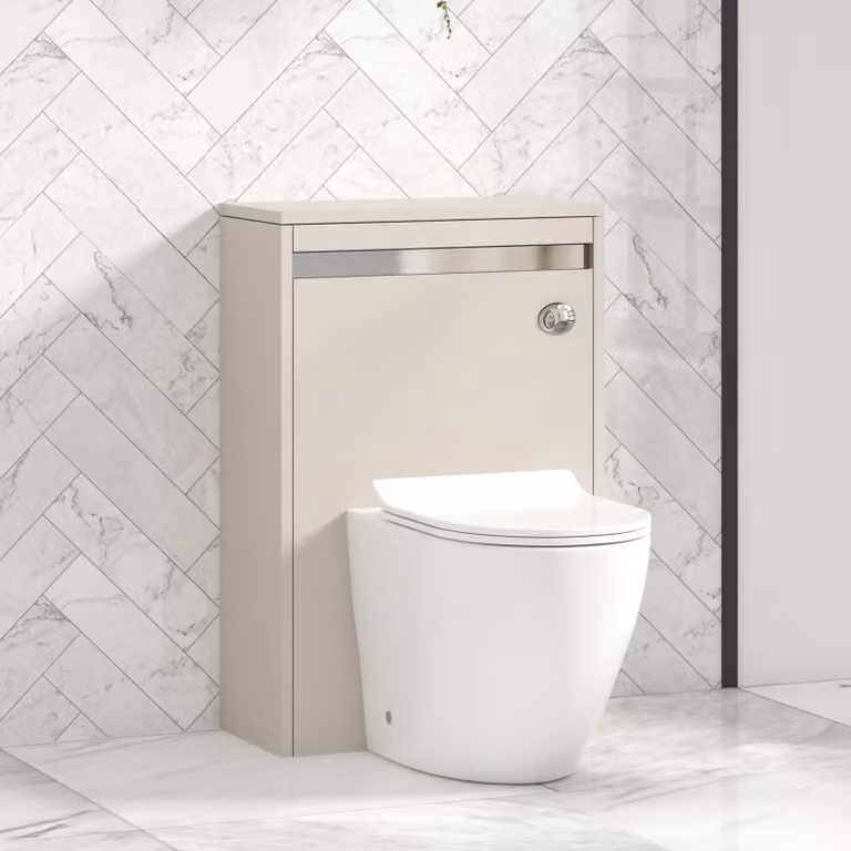 Royal Bathrooms Orion 540mm Warm Taupe BTW WC Unit with Elva Rimless Ceramic Toilet Pan, Slim Soft Close Seat and Cistern with Chrome Accent Trim