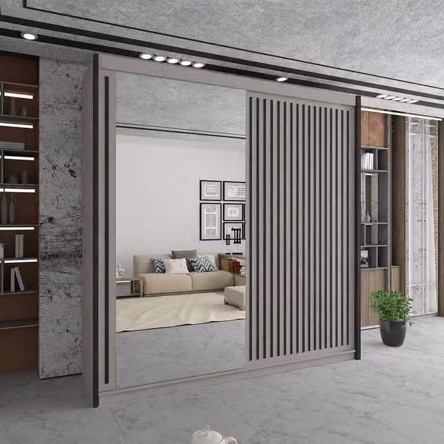 Sliding Wardrobes 4U Sleek Mirror Sliding Wardrobe with LED Lighting in Taupe, W203cm x H217cm