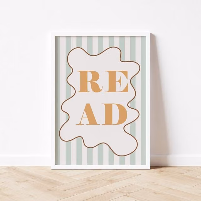 Autumns Corner Read Print Stripy Edition Typography Paper Poster in Sage and Mustard, A2 – 1
