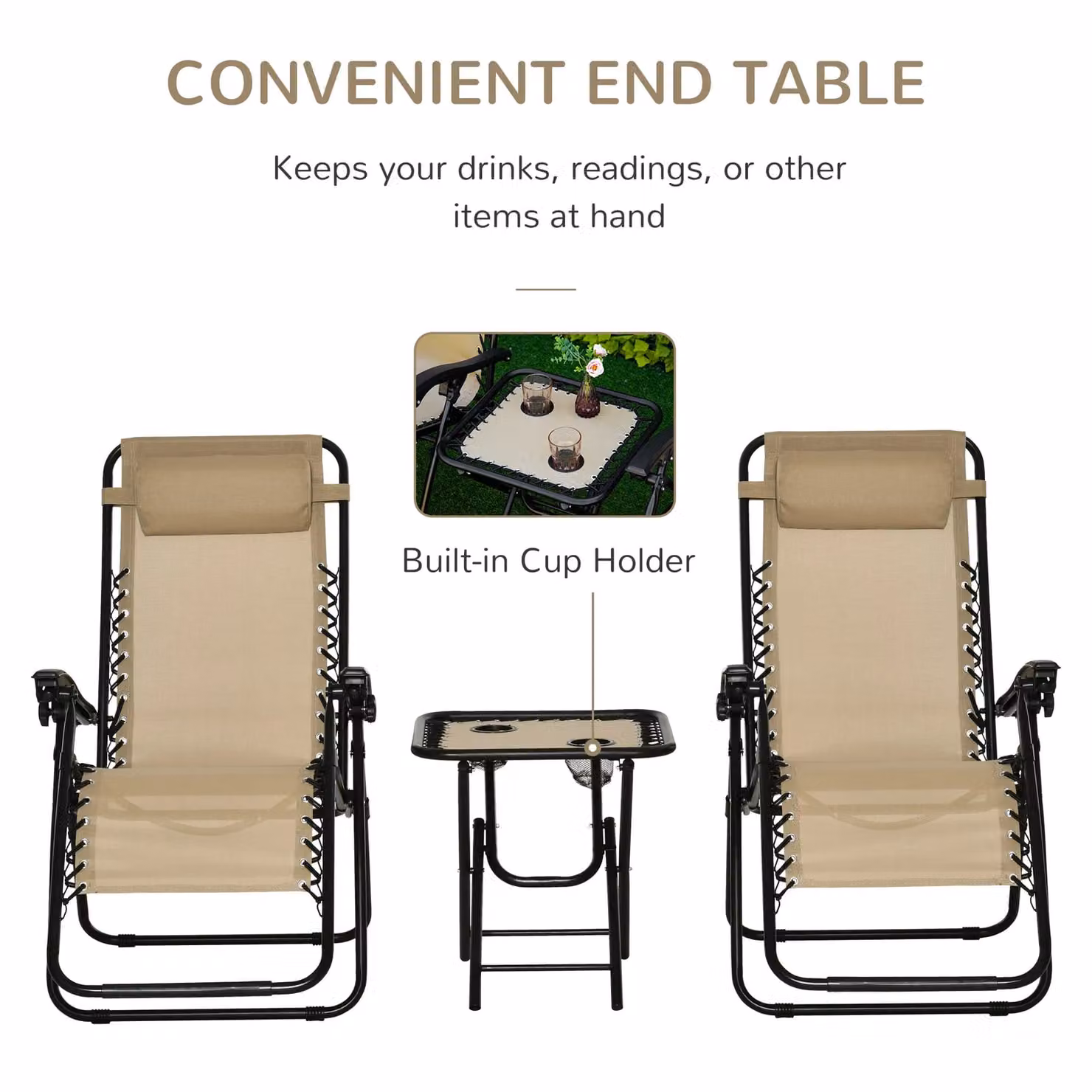 OUTSUNNY 3-Piece Zero Gravity Sun Lounger and Table Set with Cup Holders in Beige – 4