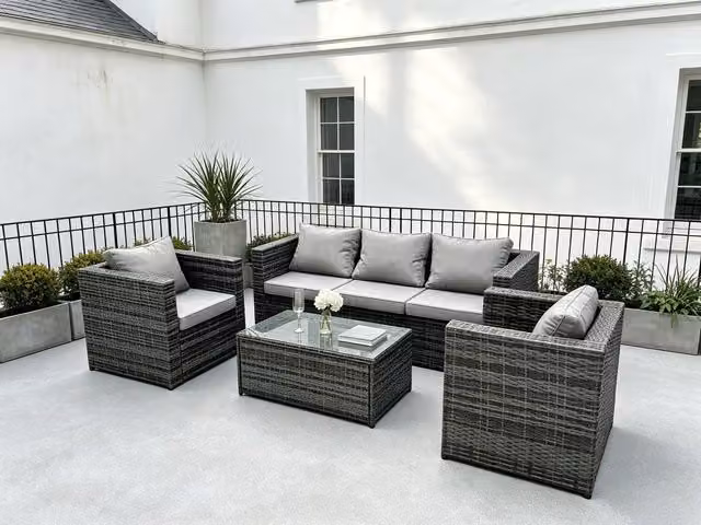 Fimous Modern Rattan Outdoor Garden Furniture Set in Grey with 3-Seater Sofa, 2 Armchairs, Coffee Table and Weather-Resistant Cushions – 2