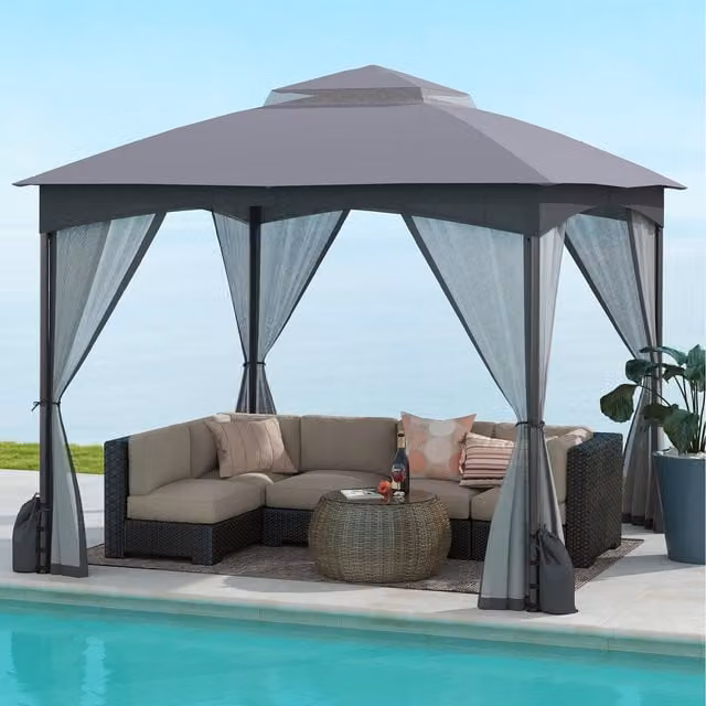 COSTWAY Grey Patio Gazebo with Polyester Netting Walls W/D/H: 296 x 296 x 274 cm