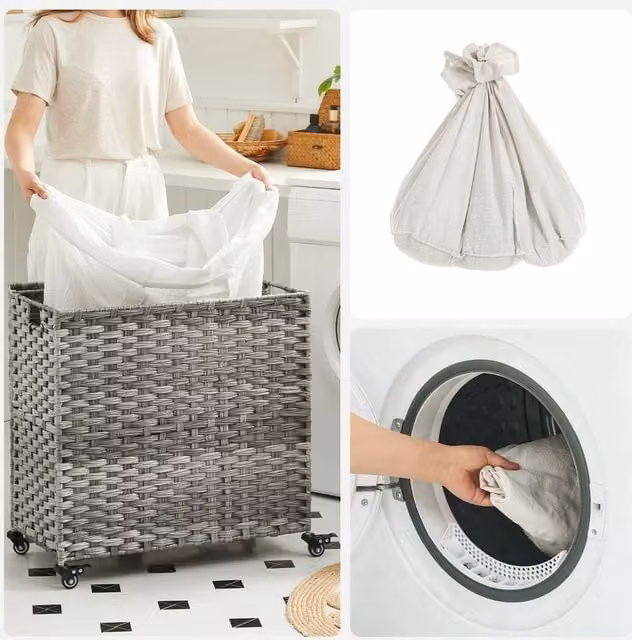 KORVIXA Handwoven Grey Rattan Laundry Hamper with Removable Cotton Bag, Height: 100 cm – 1