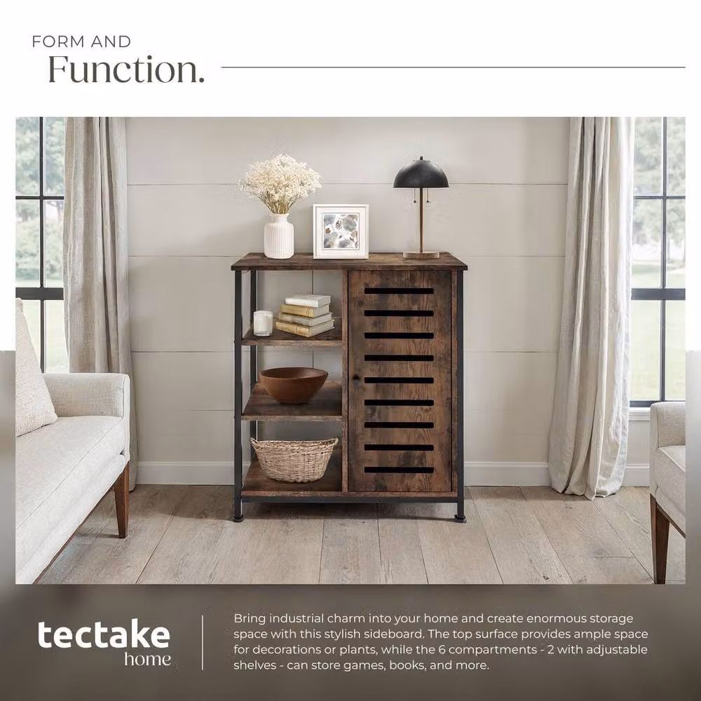 tectake Industrial Sideboard with 3 Open Shelves in Brown and Black Oak Finish – 4