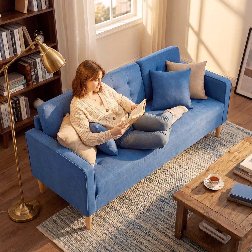 STILVORA Blue Fabric Upholstered Sofa with Solid Wood Frame and Hidden Storage – 6