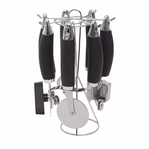 Orsina 5 Piece Stainless Steel and Silicone Kitchen Gadget Set with Rotatable Stand in Black