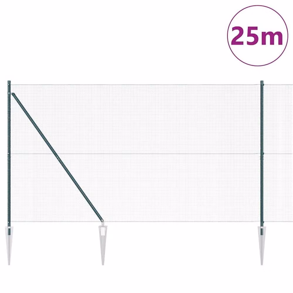 Berkfield Home Green PVC-Coated Steel Welded Wire Fence with 13 In-Ground Spike Posts, W: 25 m, H: 1.5 m – 2