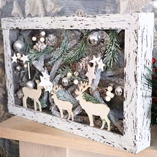 Shatchi Christmas Pre-Lit Rectangular Wooden Tabletop Centrepiece Decoration in White, Brown and Silver with Warm White LEDs – 4