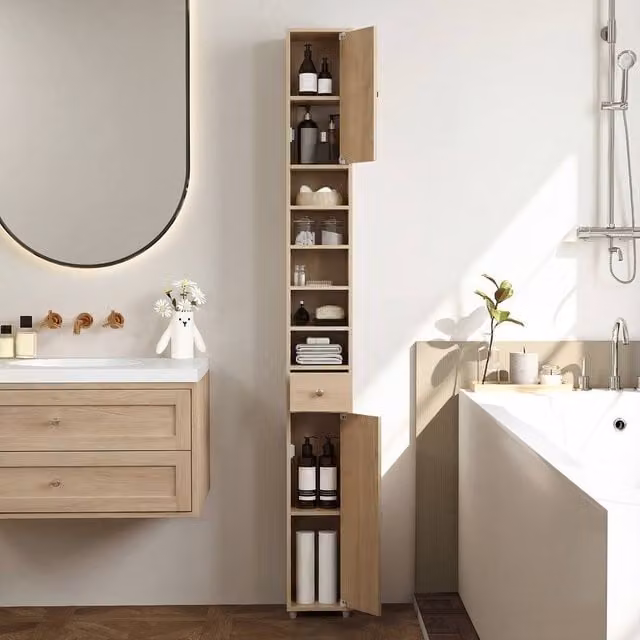 Costway Slim Freestanding Bathroom Storage Cabinet with Drawer and Internal Shelves in Natural Wood Finish, Height: 180 cm