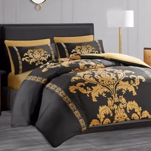 Lazzaro Home King Size Reversible Microfibre Duvet Cover Set in Black and Gold with Damask Floral Design, Duvet Cover 180 x 200 cm and Pillowcases 50 x 75 cm