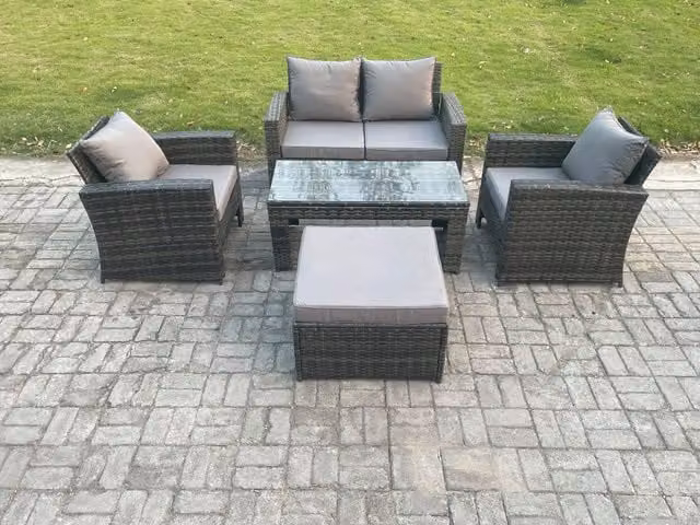Fimous 5 Seater Outdoor Rattan Garden Furniture Set in Dark Grey with Coffee Table and Ottoman