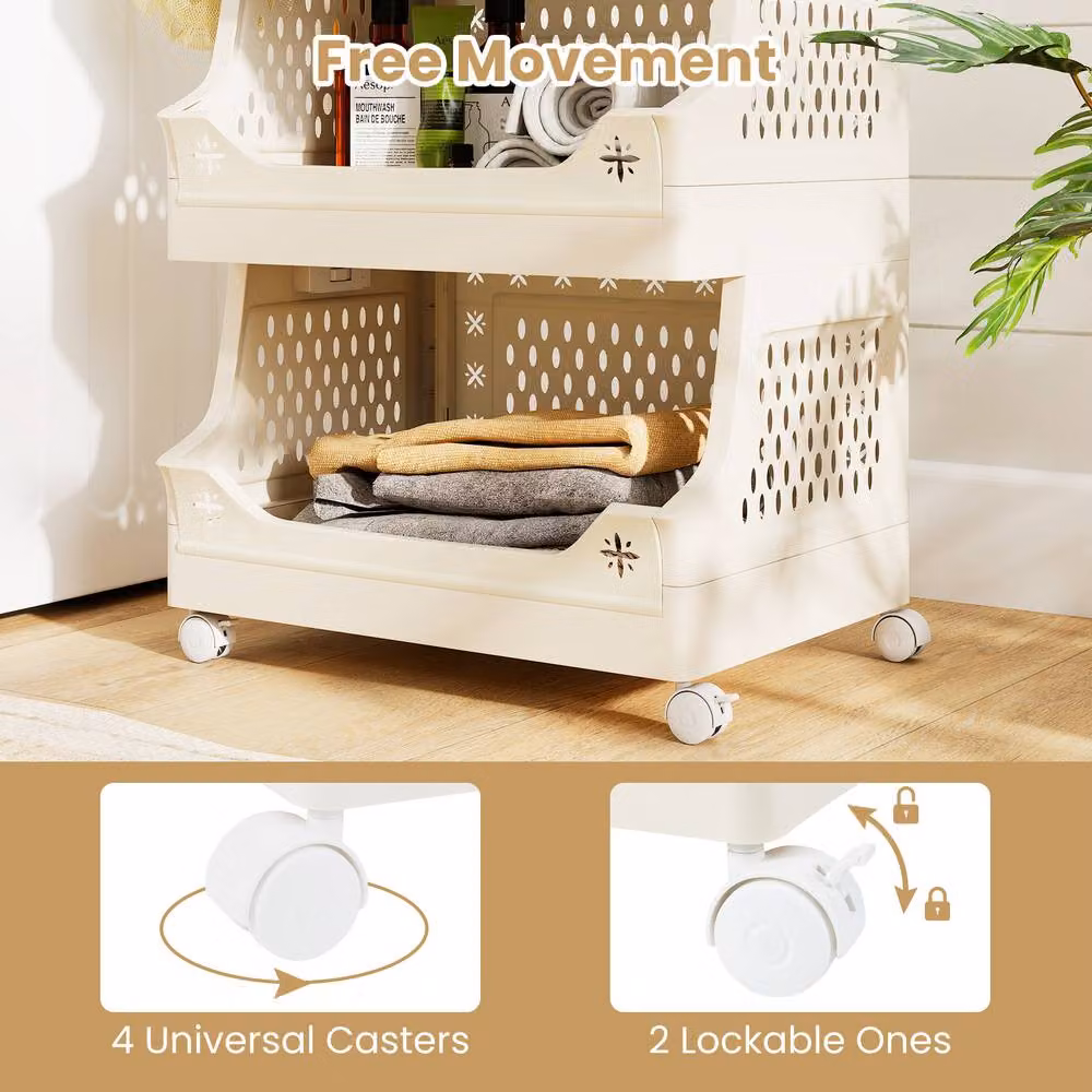 Costway 4-Tier Rolling Laundry Basket with Wheels, Stackable Plastic Storage Cart in Beige – 3