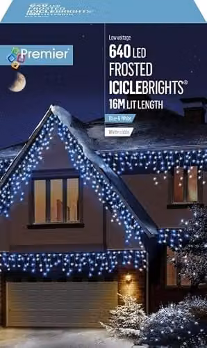 Premier Multi Action Frosted Cap Icicle Christmas String Lights with 640 LED in Blue and White – 1