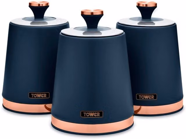 Tower Cavaletto Set of 3 Airtight Stainless Steel Storage Canisters for Tea, Coffee and Sugar, Blue and Rose Gold – 1