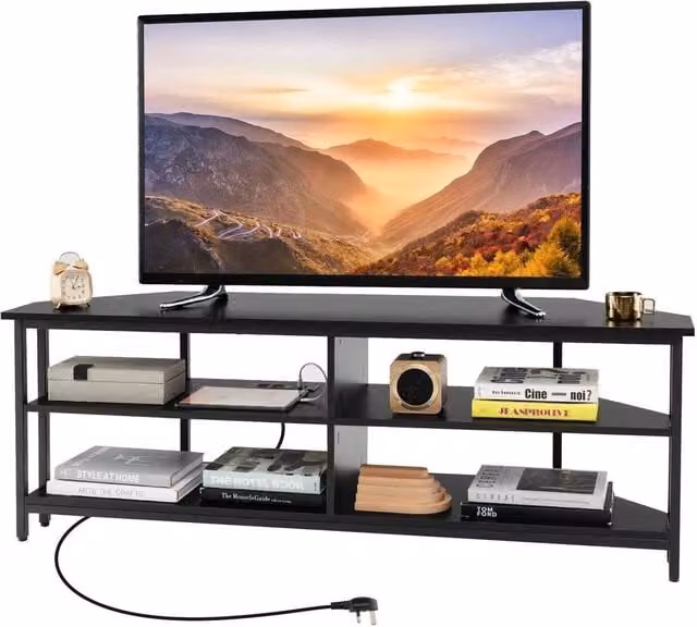 FORGEVIO Modern Black Metal Corner TV Stand with Media Compartments