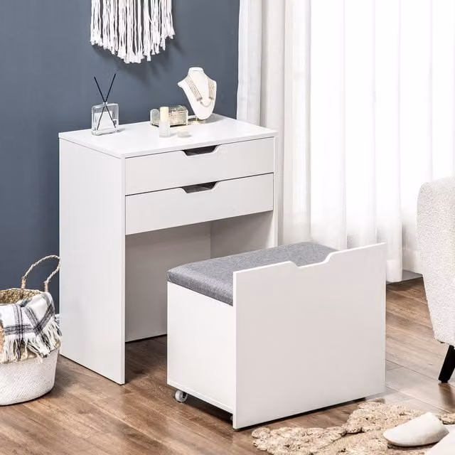 HOMCOM Dressing Table Set with Flip-up Mirror and Storage Stool in White – 1