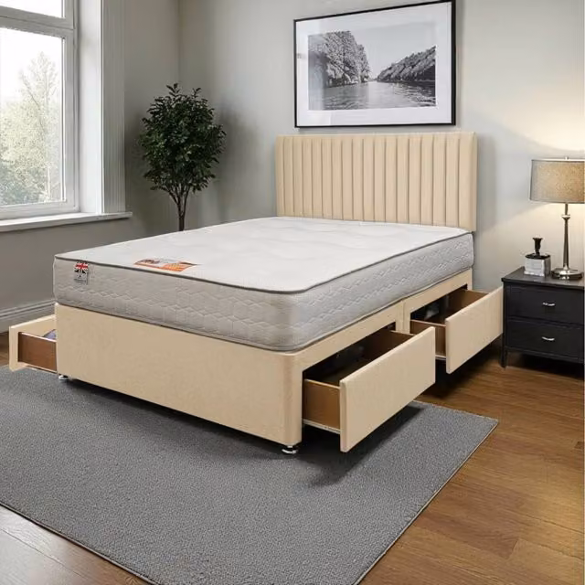 Knight Sleep Emily Plush Bed Set with Hybrid Mattress, 4 Drawers and 24 inch Headboard, Cream Superking, W/D/H: 200 x 200 cm