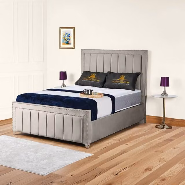 UK Bed Furniture Fiona Upholstered Slatted Base Bed with 48 Inch Headboard in Light Beige, Size: King (W/D/H: 180 x 200 cm) – 1