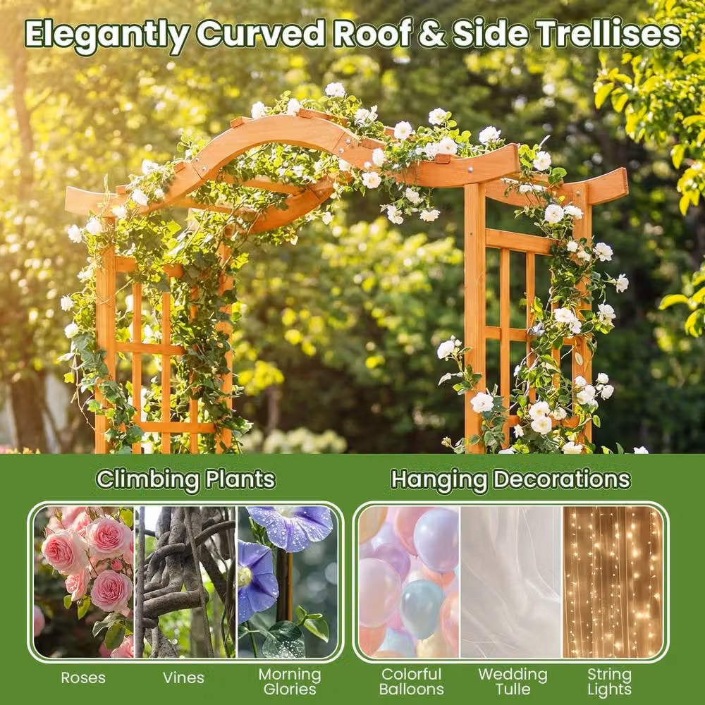 Costway Wooden Garden Arbor with Gate, 2 Planter Boxes and Drainage Holes, Brown, H 210 x W 185 x D 46 cm – 5