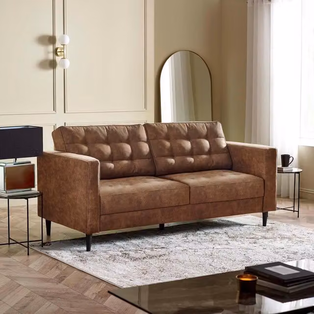Furniturebox Juno 3 Seater Modern Linear Sofa in Brown Synthetic Leather with Solid Wood Frame