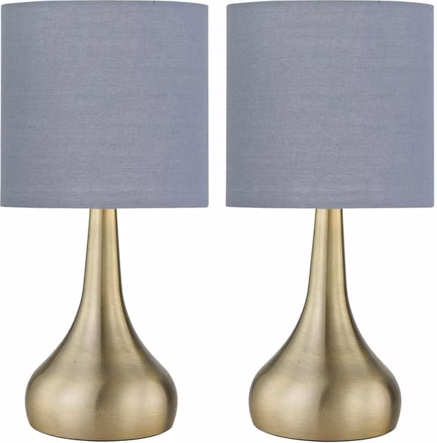 First Choice Lighting Romana Set of 2 Antique Brass Touch Table Lamps with Grey Fabric Shades – 1