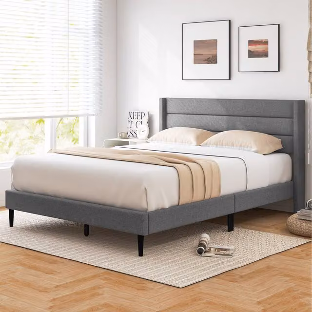 Costway Modern Upholstered Platform Bed in Grey, W/D/H: 140 x 200 cm