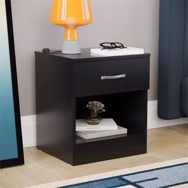 FORGEVIO Modern Black 1 Drawer Bedside Chest