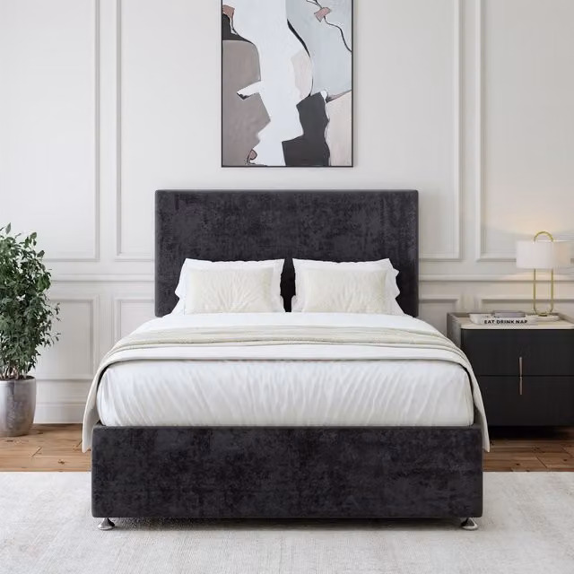 Bedmaster Luxury Velvet Small Single Divan Base and Plain Headboard in Black