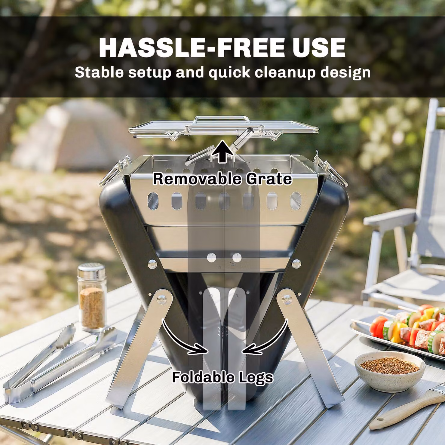 Outsunny Black Portable Charcoal BBQ Grill with Tilting Grate and Stainless Steel Tabletop – 8