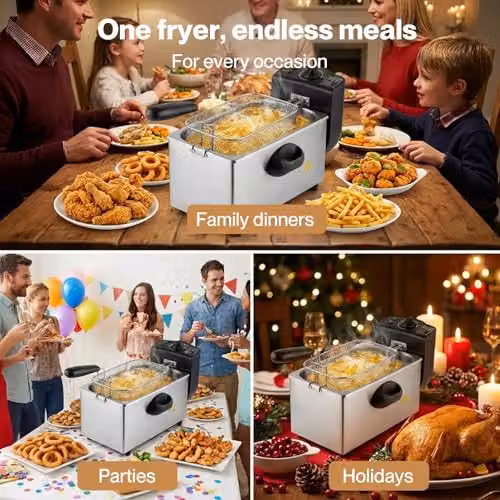 Spector 3L Deep Fat Fryer, 2000W Stainless Steel Electric Chip Fryer in Silver with Adjustable Temperature 90-190°C and Removable Non-Stick Bowl – 6