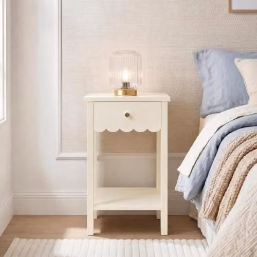 OHS Cream Scallop Bedside Table with 1 Drawer and Open Storage Shelf