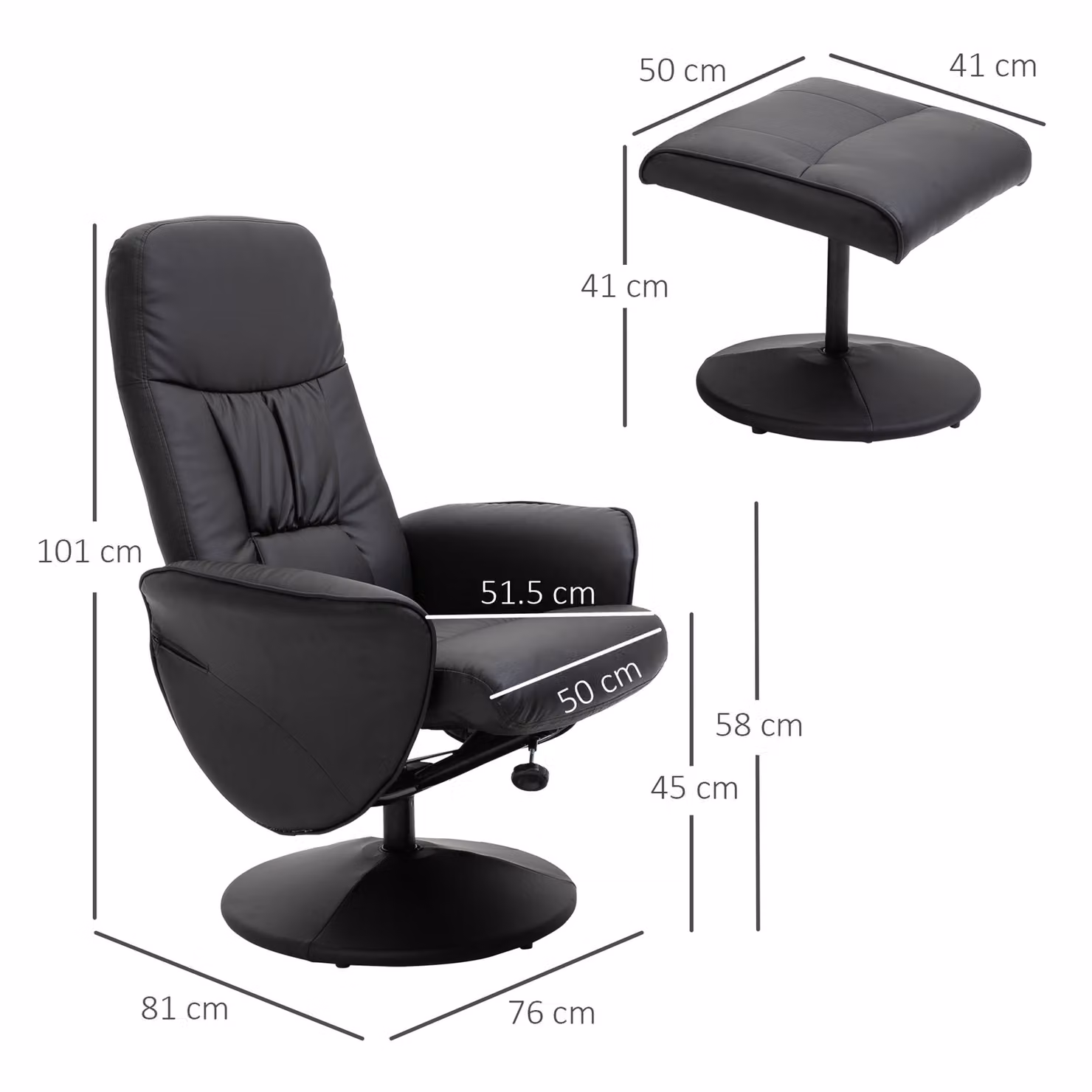 HOMCOM Executive High Back Recliner Chair with Footstool in Black PU Leather – 3