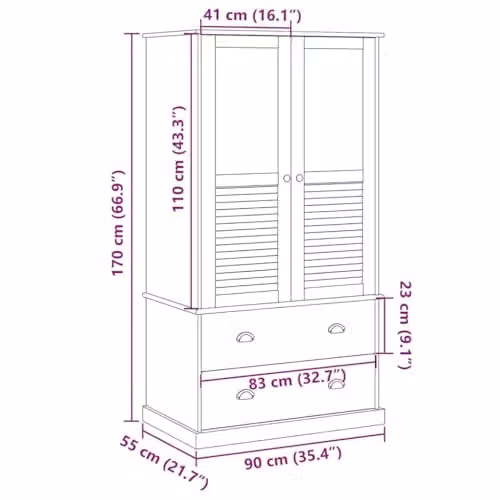vidaXL VIGO Wardrobe in Grey Waxed Solid Pine with Roll Shutter and Internal Drawers, W/D/H: 90 x 55 x 170 cm – 3