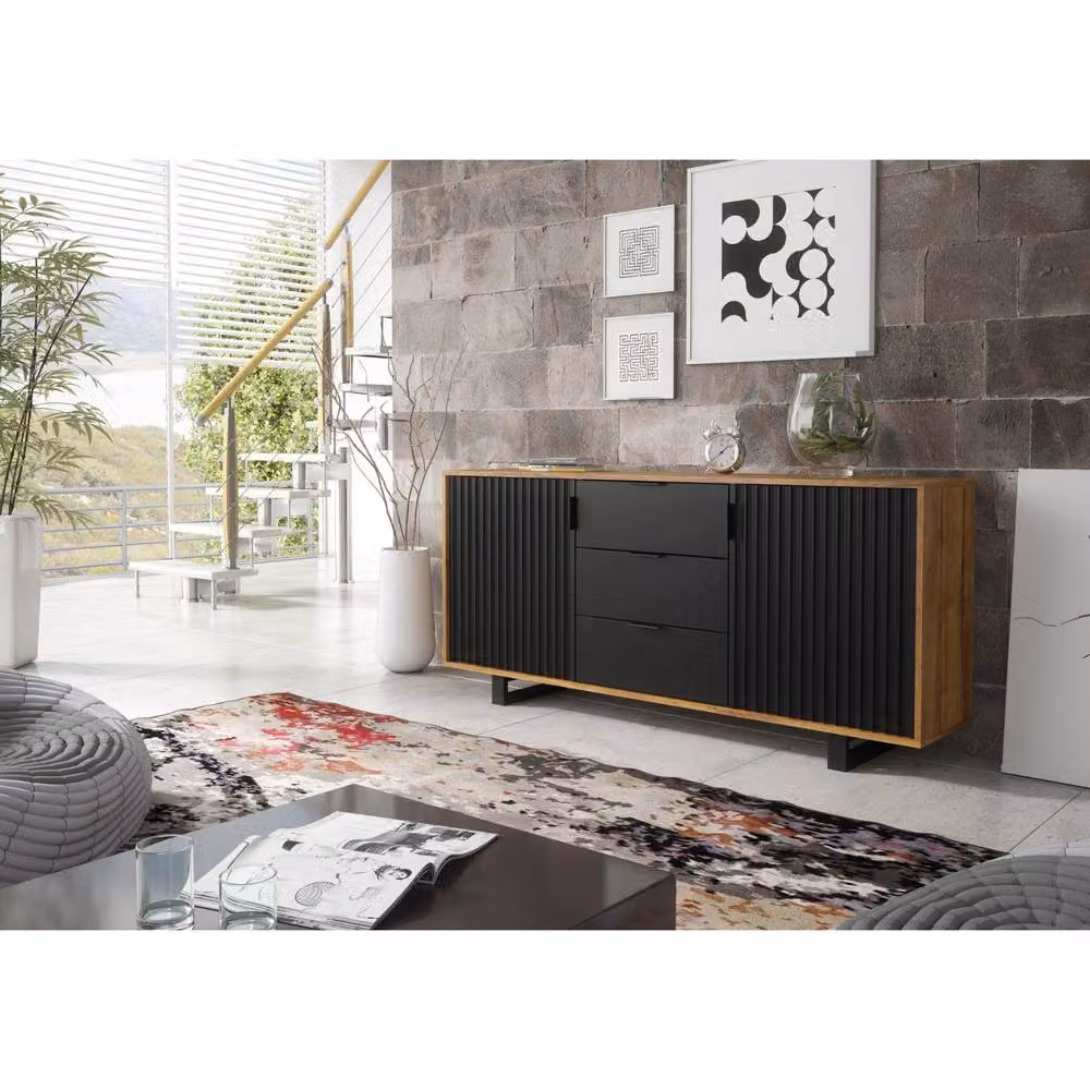 Creative Furniture Blackridge Sideboard in Dark Oak and Black with Fluted Doors and Drawer, W: 140 cm, H: 75 cm, D: 35 cm – 7