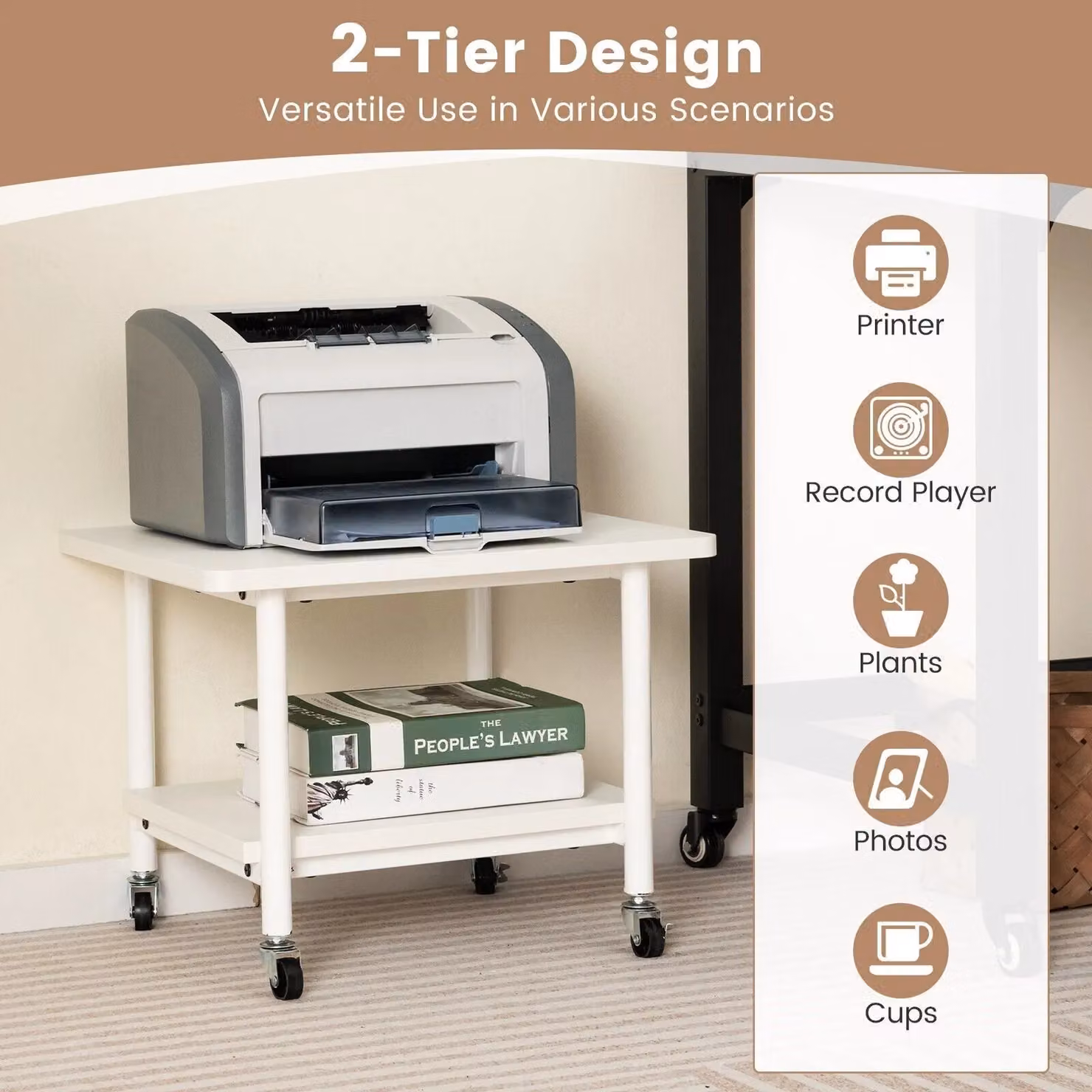 Costway White Under Desk Printer Stand with Castors – 4