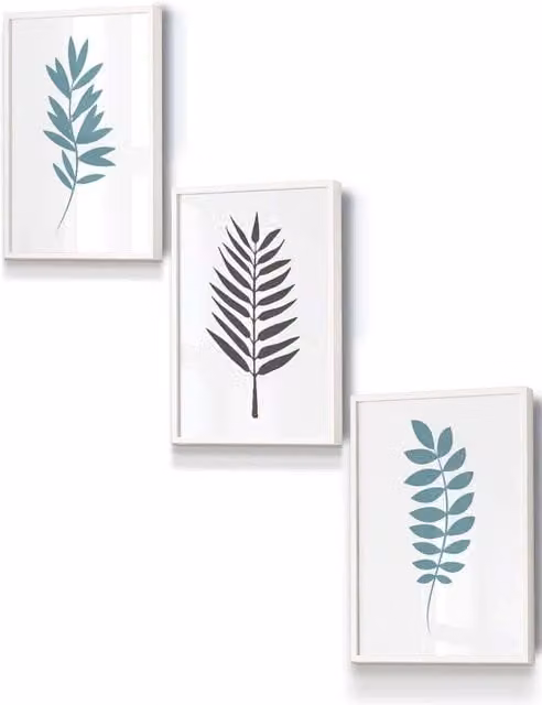 ARTZE Graphical Blue and Grey Leaves Framed Wall Art in White, W: 33 cm, H: 45 cm, D: 2 cm