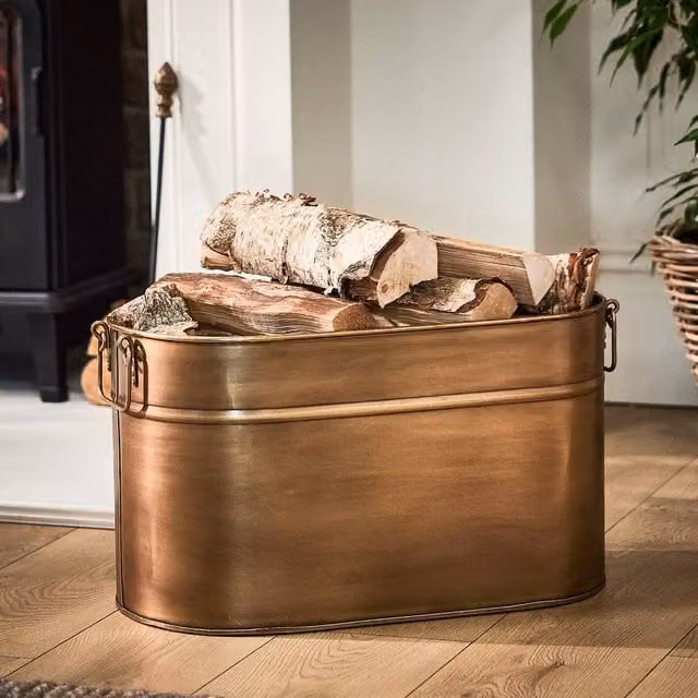 Dibor Antique Brass Large Oval Fireplace Log and Coal Storage Bucket in Gold