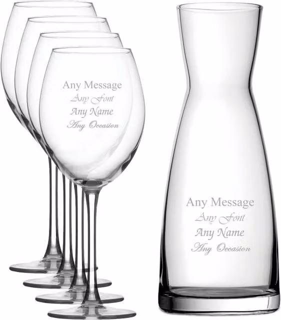 Uniqueful Personalised Enoteca Wine Glass Set of 4 with Contemporary Carafe in Clear Lead-Free Crystal Glass