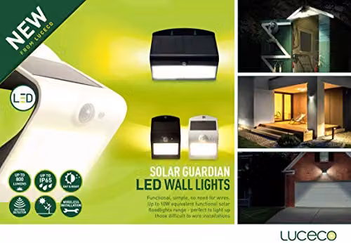 Luceco Solar Guardian LED PIR Wall Light, White, IP65, 1.5W, 220lm, 4000K – 2