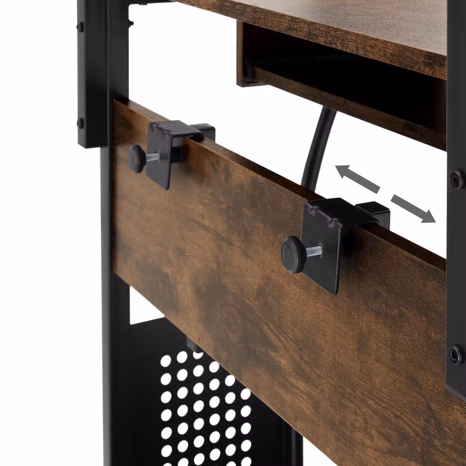 tectake Fife Computer Desk with 3 Levels, Attachable Shelf, Keyboard Tray and Castors in Brown – 7