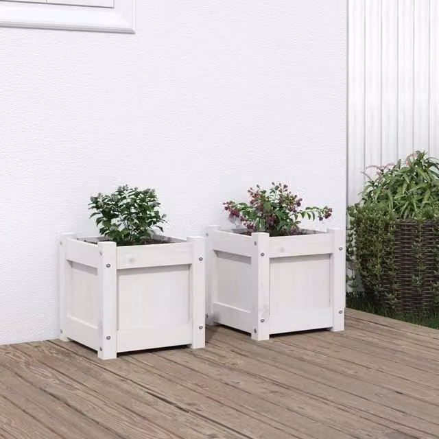 Berkfield Home Garden White Solid Wood Pine Planter Tub, 2 Pack